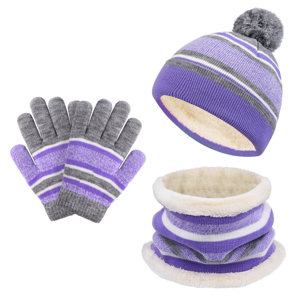 Vbiger 3 Pcs Boys Girls Beanie Hat and Glove Scarf Set, with Fleece Lining for 3-6 Years Old Grils, Purple