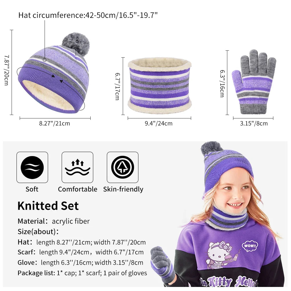 Vbiger 3 Pcs Boys Girls Beanie Hat and Glove Scarf Set, with Fleece Lining for 3-6 Years Old Grils, Purple