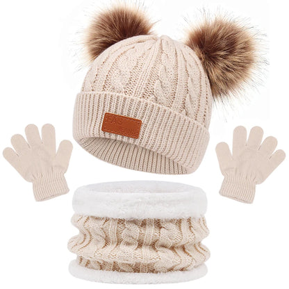 3Pcs Winter Baby Hat Scarf Gloves Set Solid Color Toddler Bonnet Cute Pompom Knitted Hats Outdoor Warm Infant Accessories 1-5Y