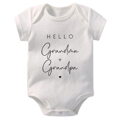 Pregnancy Announcement to Be Grandparents Hello Grandma & Grandpa Baby Bodysuits Infant Baby Boy Girls Oneises Baby Shower Gift