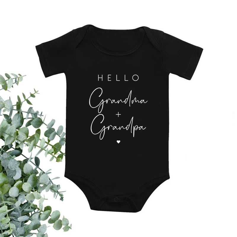 Pregnancy Announcement to Be Grandparents Hello Grandma & Grandpa Baby Bodysuits Infant Baby Boy Girls Oneises Baby Shower Gift