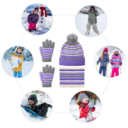 Vbiger 3 Pcs Boys Girls Beanie Hat and Glove Scarf Set, with Fleece Lining for 3-6 Years Old Grils, Purple