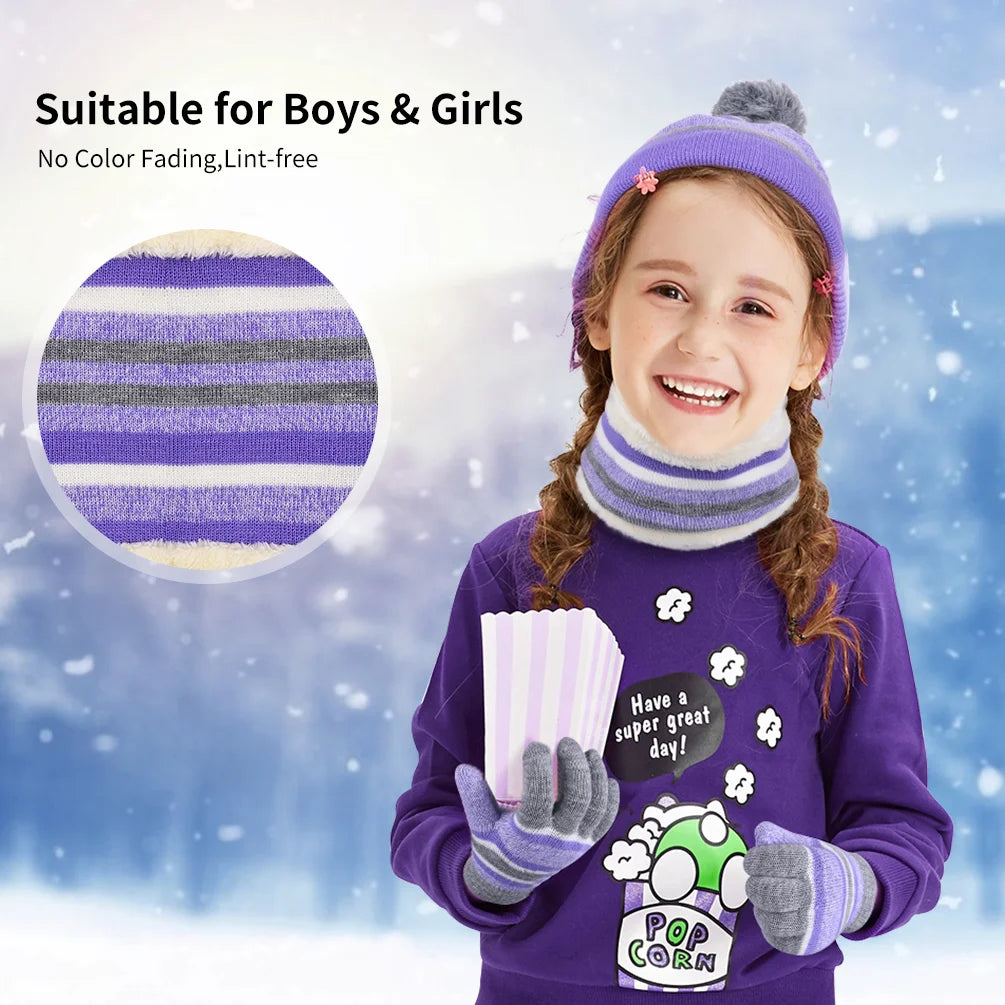 Vbiger 3 Pcs Boys Girls Beanie Hat and Glove Scarf Set, with Fleece Lining for 3-6 Years Old Grils, Purple