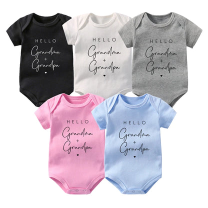 Pregnancy Announcement to Be Grandparents Hello Grandma & Grandpa Baby Bodysuits Infant Baby Boy Girls Oneises Baby Shower Gift