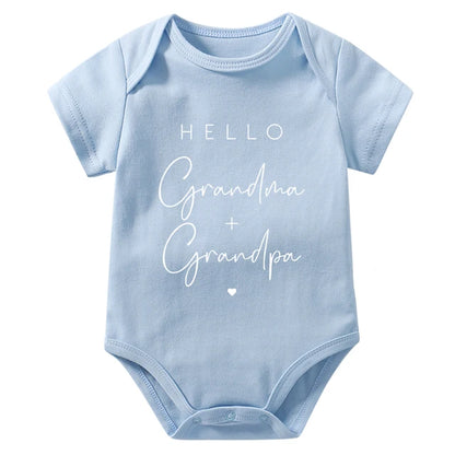 Pregnancy Announcement to Be Grandparents Hello Grandma & Grandpa Baby Bodysuits Infant Baby Boy Girls Oneises Baby Shower Gift